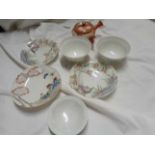 Two antique Japanese porcelain bowls and saucers, one with dish lid - sold with a Kutani porcelain