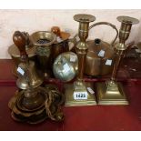 A quantity of brass and copper including kettle, candlesticks, etc.