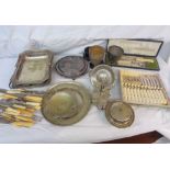 A box containing a quantity of assorted silver plated items including trays, goblets, cased and
