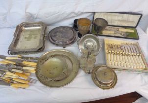 A box containing a quantity of assorted silver plated items including trays, goblets, cased and