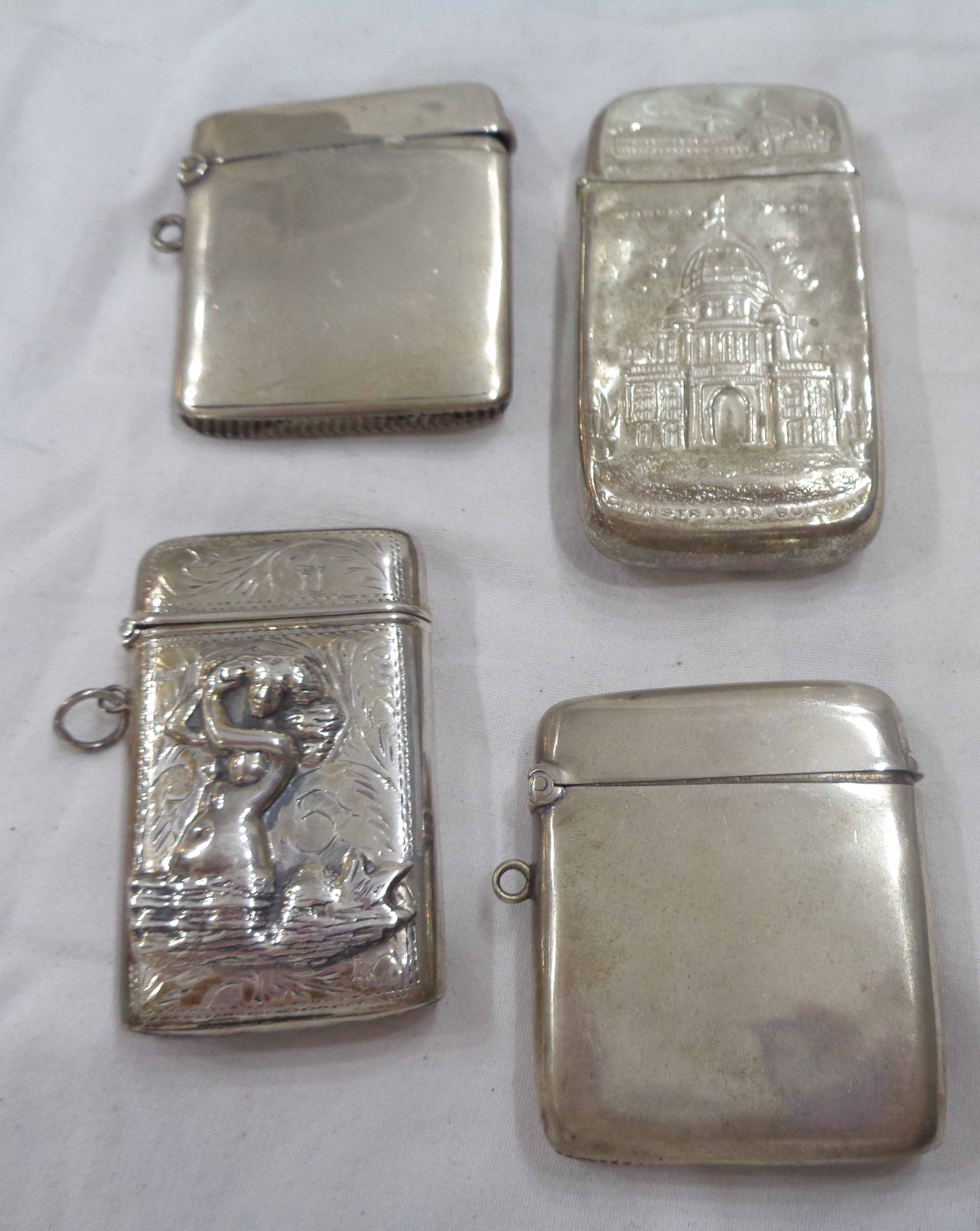 Two plain silver vesta cases, a marked 925 similar with embossed mermaid decoration and a silver