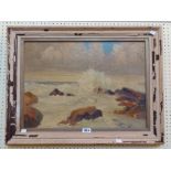 A vintage framed oil on canvas, depicting waves crashing against coastal rocks