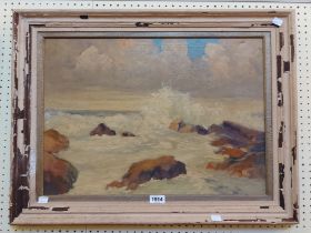 A vintage framed oil on canvas, depicting waves crashing against coastal rocks