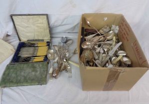 A box containing a large quantity of assorted silver plated cutlery - various age, maker and design,