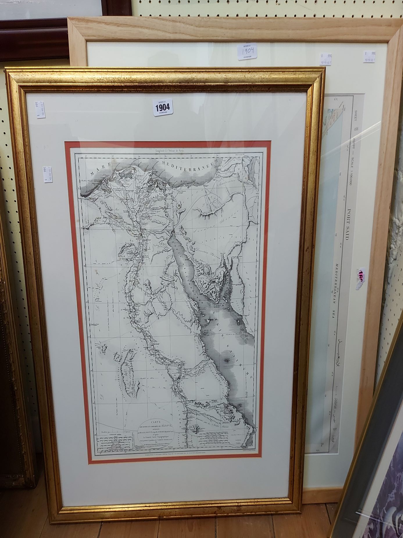 Two framed large format vintage map prints, one depicting Port Said, Egypt, the other Egypt and