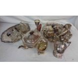 A box containing a quantity of assorted silver plated items including teapot, trays, etc.