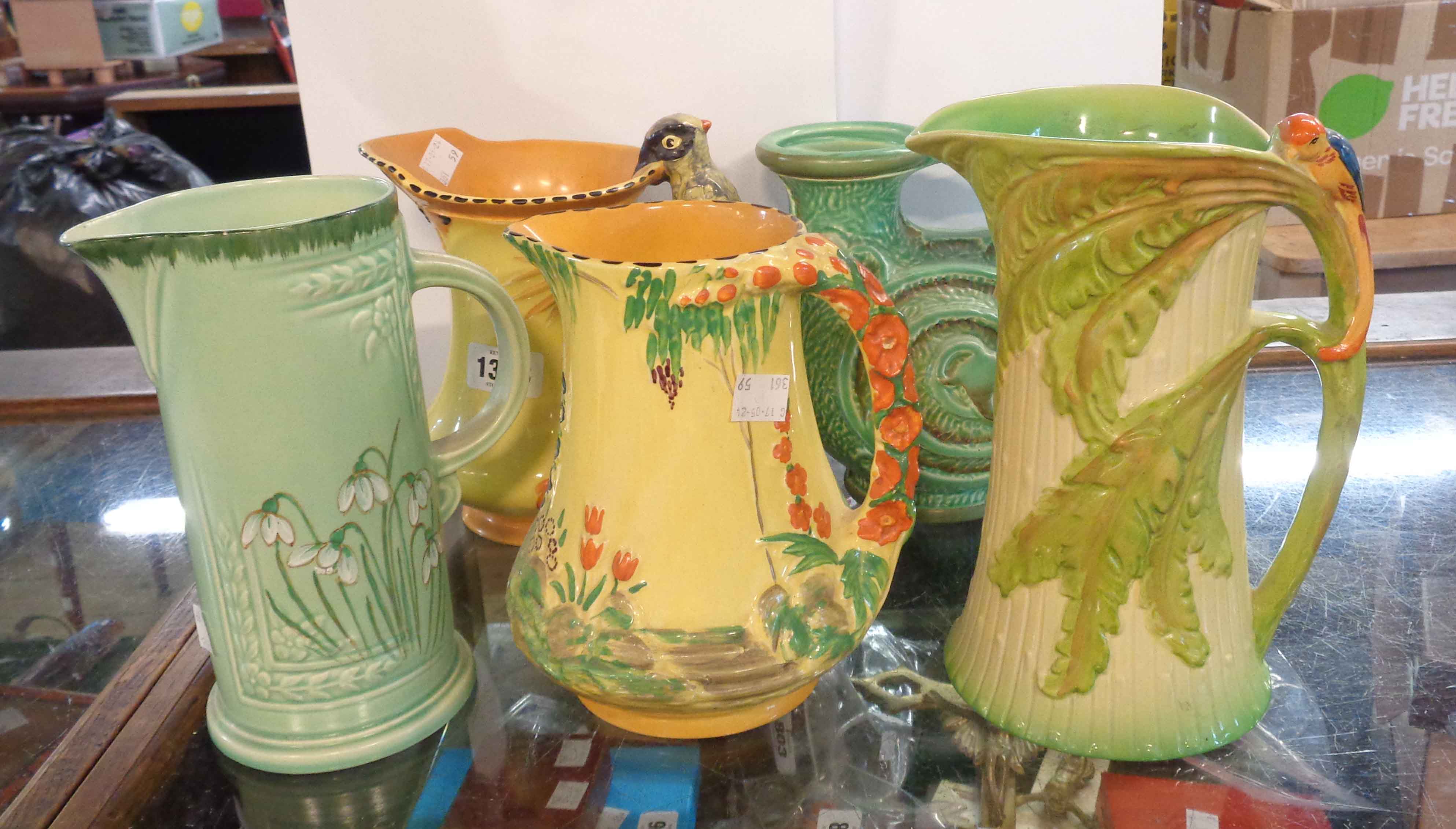 Five Art Deco Burleigh Ware jugs including parrot handled examples