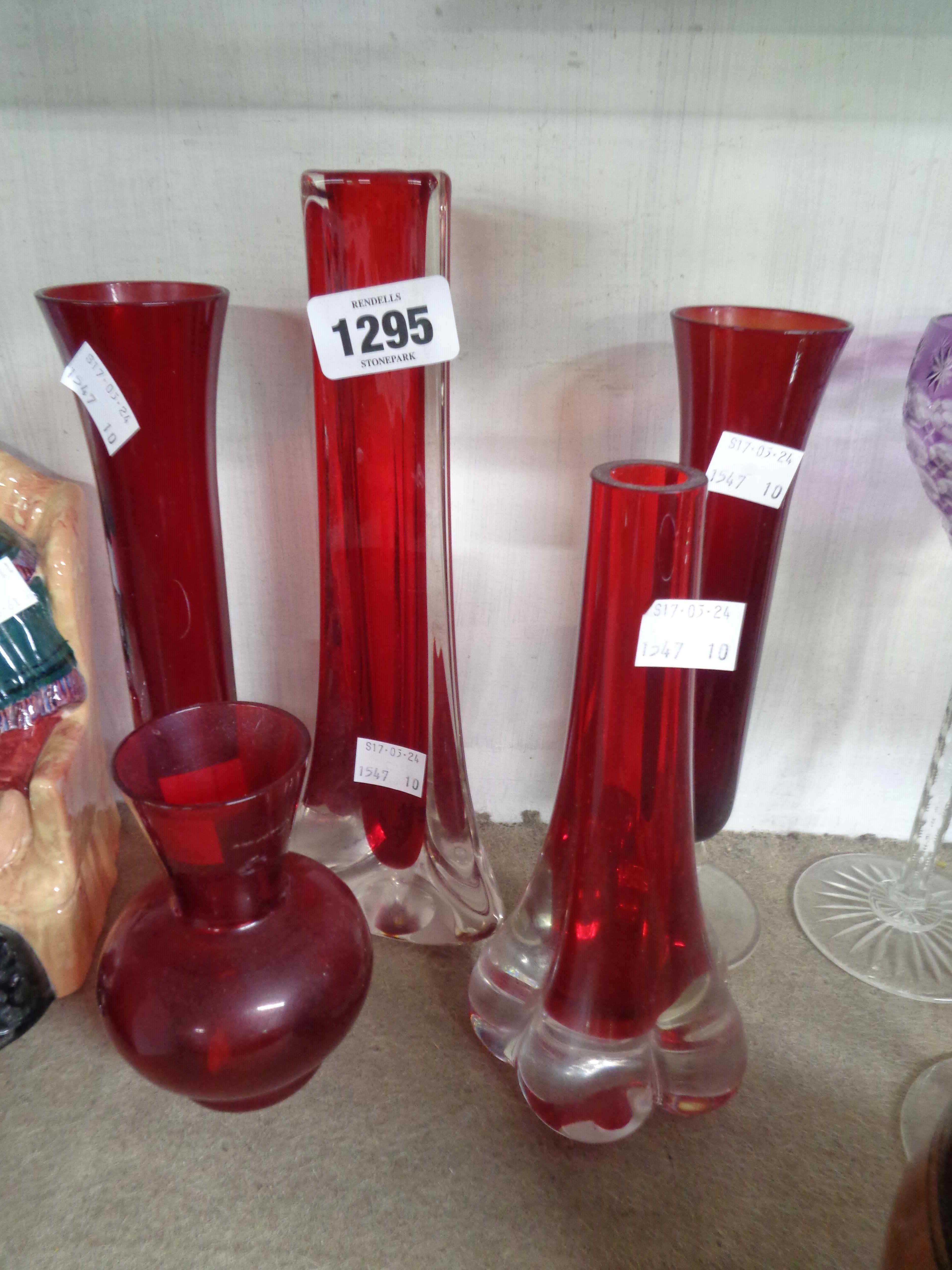 A Whitefriars 'hambone' vase in the ruby colourway and another Whitefriars ruby vase - sold with