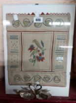An embroidered panel - sold with two swan salts