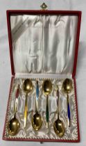 A set of six Danish enamelled coffee spoons