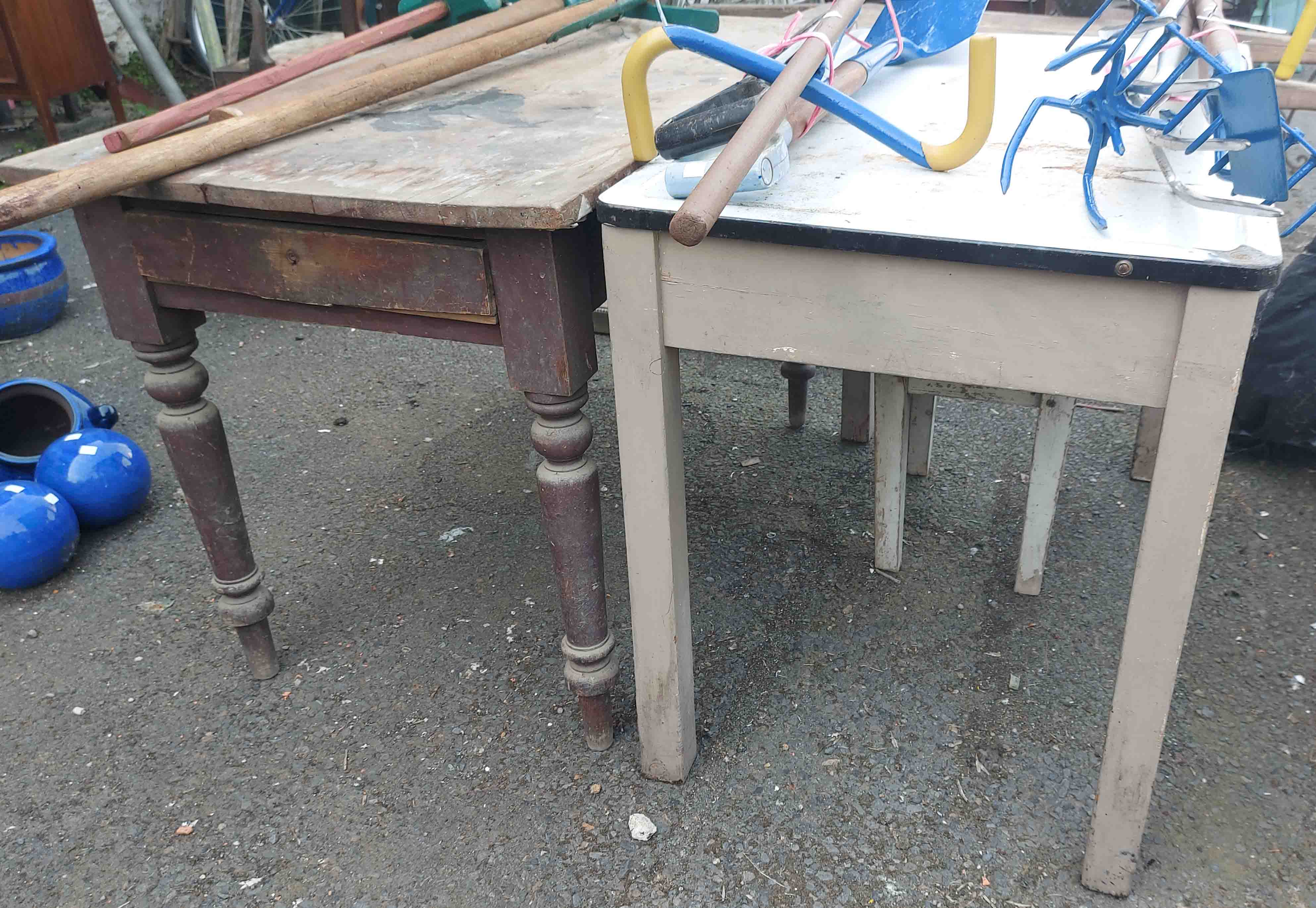 A vintage enamel top kitchen table - sold with another wooden similar