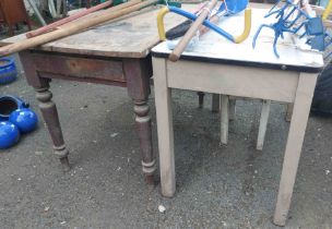 A vintage enamel top kitchen table - sold with another wooden similar
