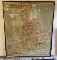 A large vintage coloured Scarborough's Map of England and Wales, depicting Counties and Boroughs