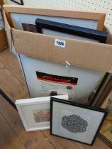A box containing a selection of framed prints - various artists and subject