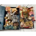 Two boxes containing Ty Beanie Babies and other soft toys