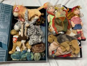 Two boxes containing Ty Beanie Babies and other soft toys