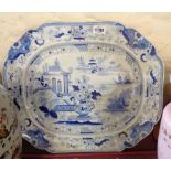 A 19th Century Ridgway Pottery meat plate with blue transfer printed chinoiserie decoration