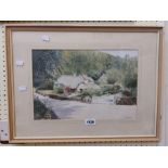 John Beard: a framed watercolour, depicting a cottage and pathway - signed