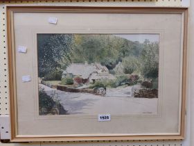 John Beard: a framed watercolour, depicting a cottage and pathway - signed