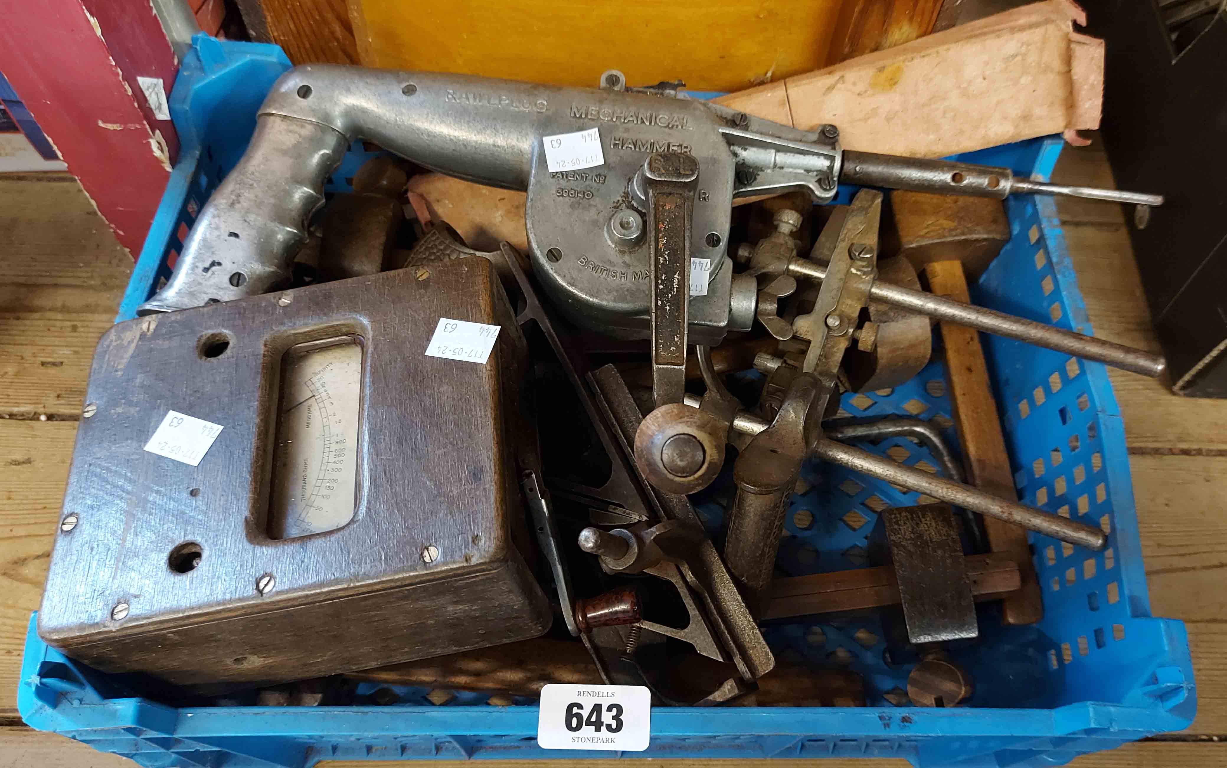 A blue crate containing a quantity of vintage tools including Rawlplug Mechanical hammer, etc.