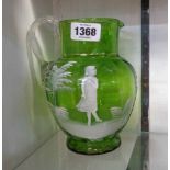 A 19th Century green glass vase with Mary Gregory style decoration, depicting a young girl