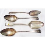 Four Georgian London silver tablespoons including one fiddle pattern example - various age and
