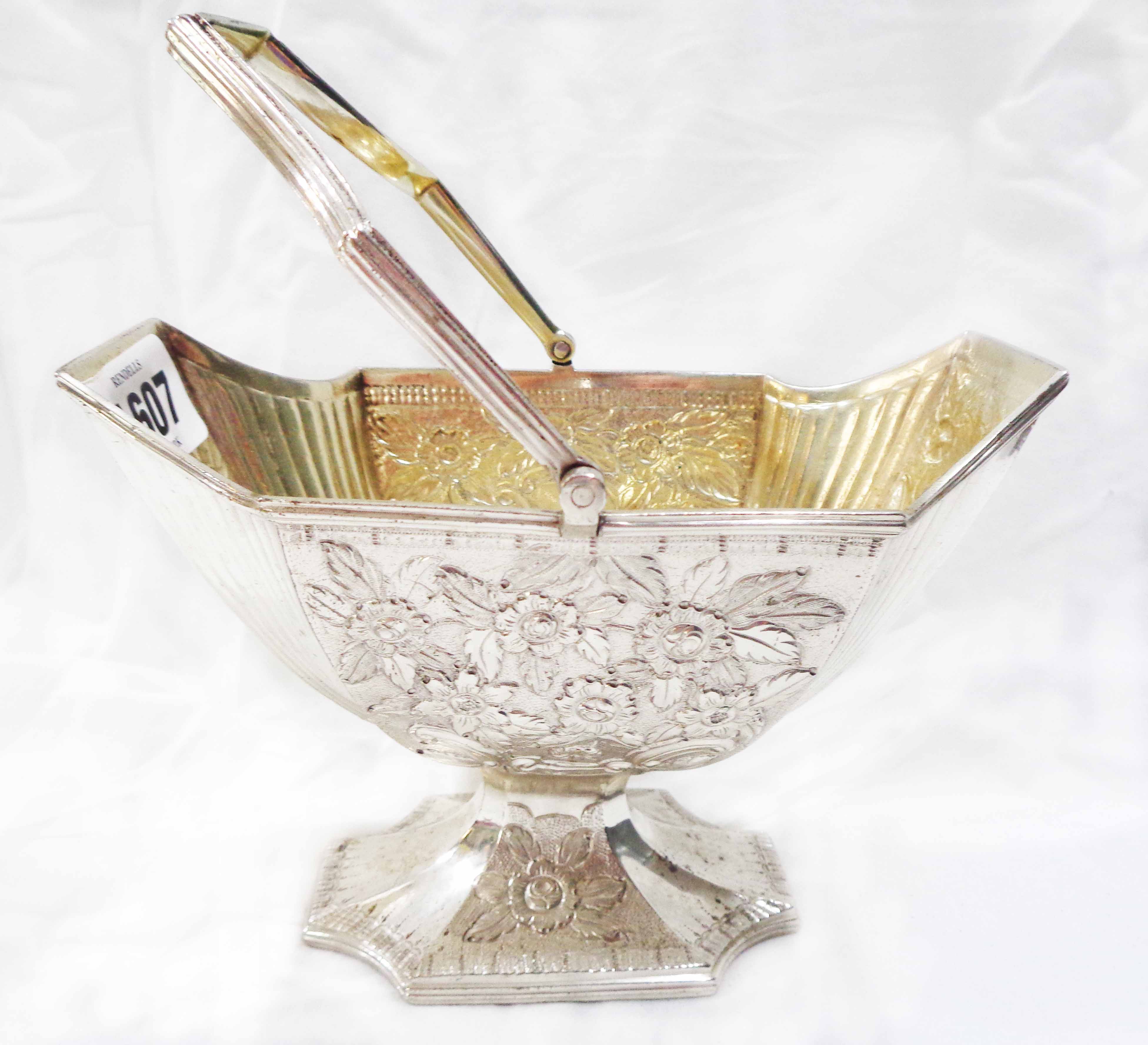 A 15.5cm George III silver pedestal basket by Michael Plummer with swing handle, embossed floral