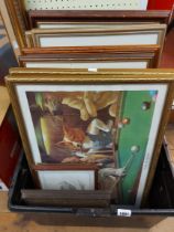 A crate containing a selection of assorted framed original works and decorative prints - various