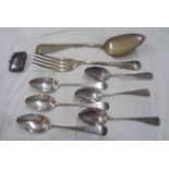 A set of six Georgian silver teaspoons with initials to terminals - sold with a silver fob vesta