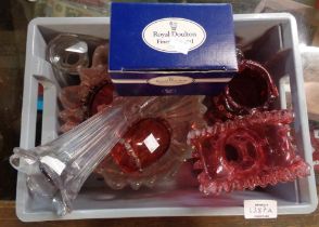 A crate containing a quantity of glassware including cranberry vases, jugs, Dartington bowl, etc.