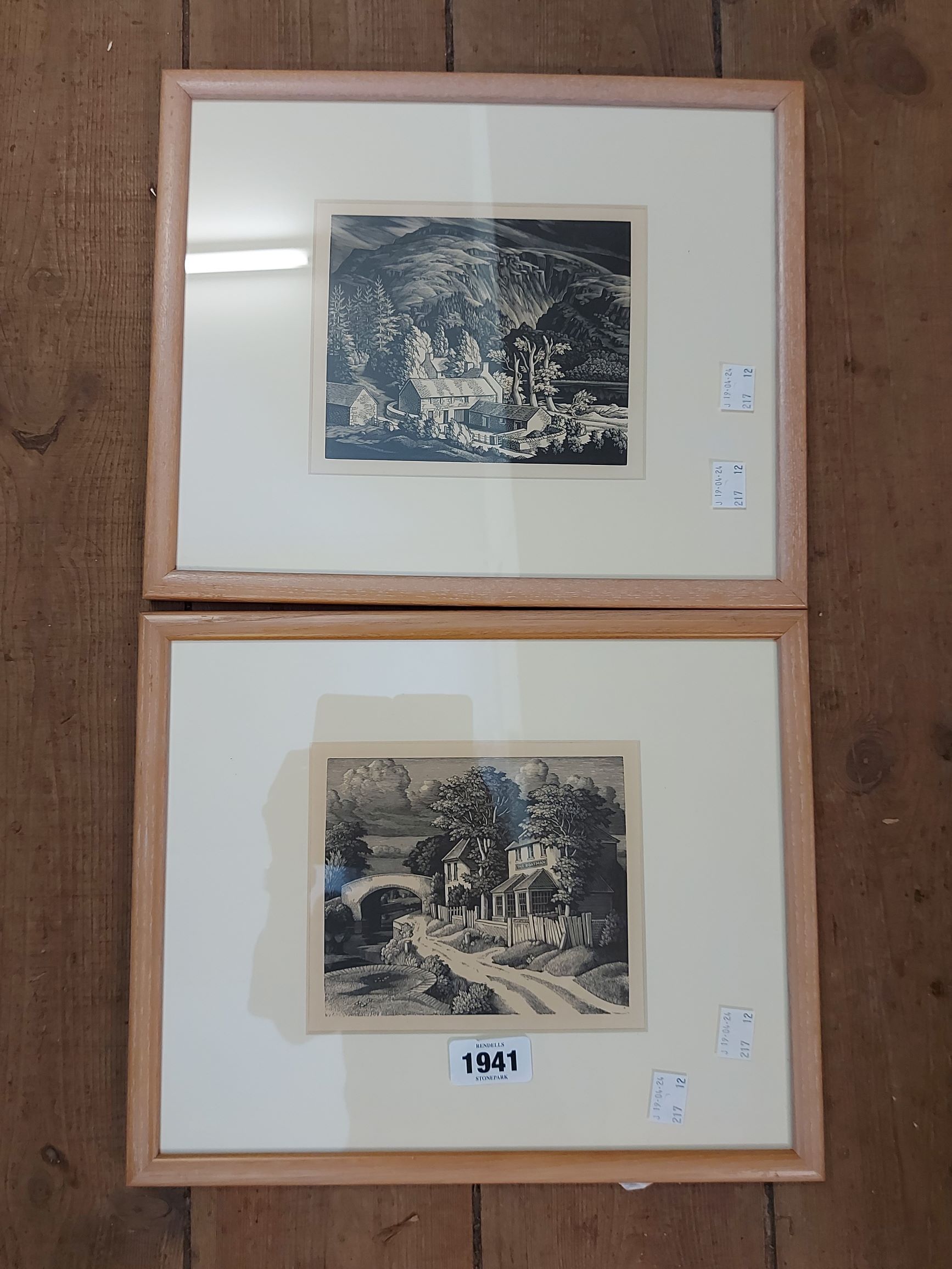 A pair of framed monochrome etchings entitled 'Farmstead Under Tor' and 'Boatman Public House'