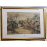 Minh: a gilt framed watercolour, depicting a view of Balinese buildings and river - signed