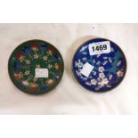 Two cloisonné dishes with floral decoration - one set on blue ground, the other green