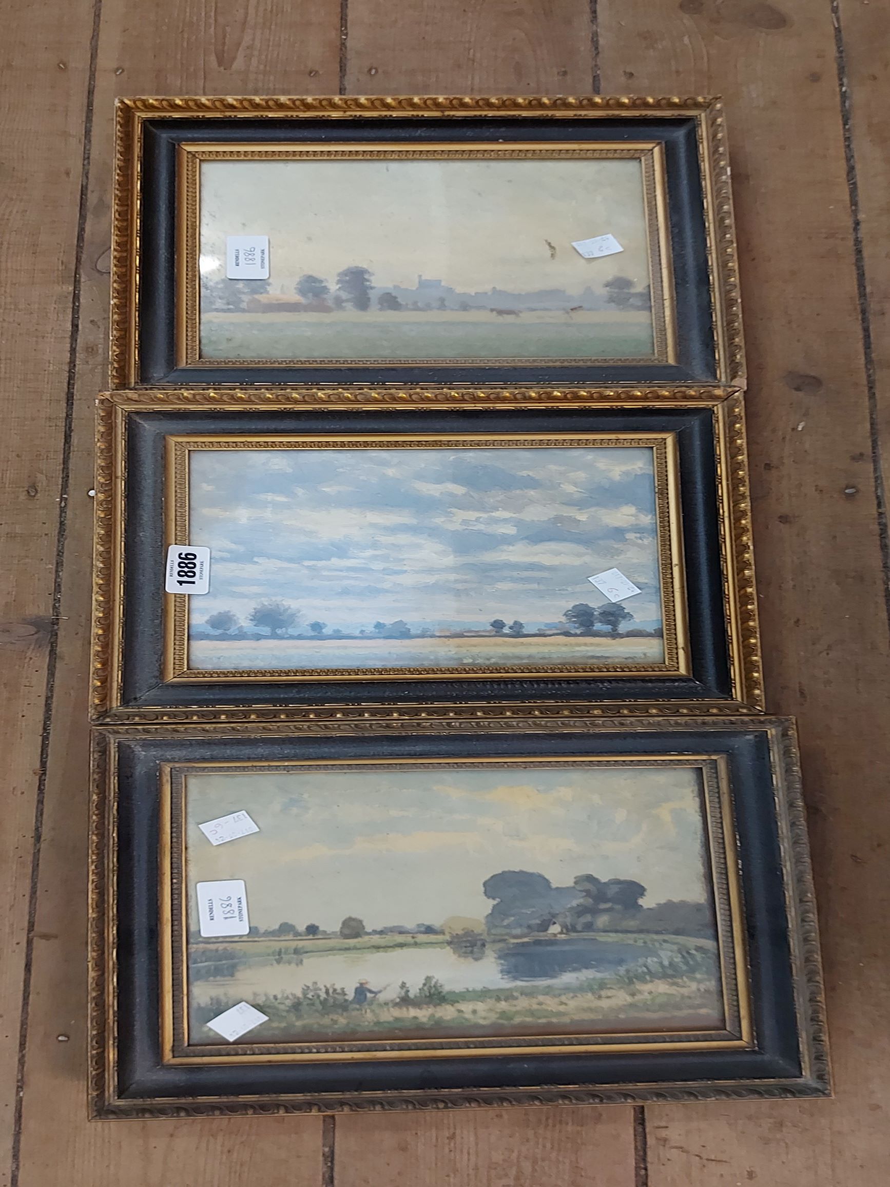 Three vintage matching parcel gilt framed small format coloured landscape prints