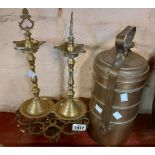 A brass tiffin box, tealight holder, brass stands and brass trivet