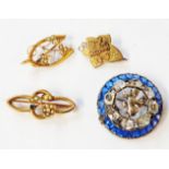 Three early 20th Century marked 9ct. seed pearl set brooches, a 375 (9ct.) gold 'Mizpah' brooch