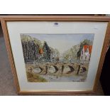 A framed mixed media painting, depicting a figure on a bridge - indistinctly signed - sold with a