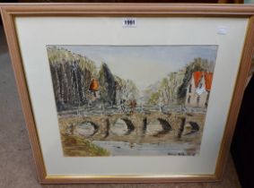 A framed mixed media painting, depicting a figure on a bridge - indistinctly signed - sold with a