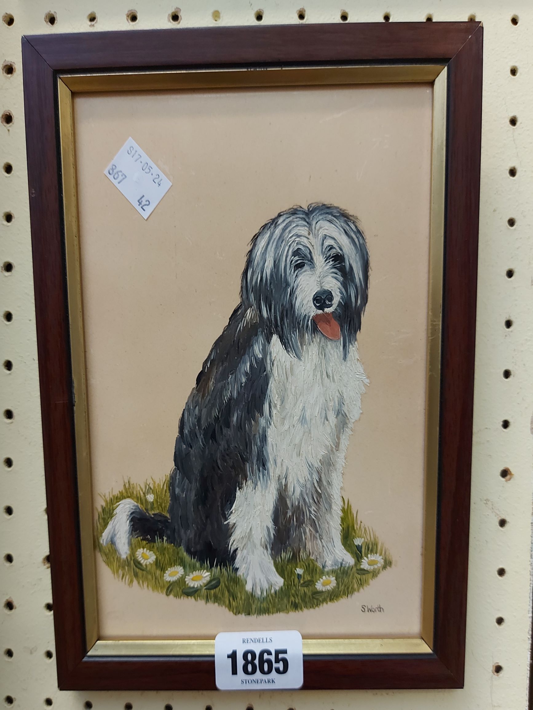 S. Worth: a framed oil painting of an old English sheepdog on ceramic panel - signed