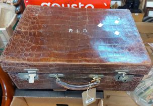 A vintage crocodile suitcase with green fabric lined interior - a/f