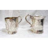 A Victorian silver Christening mug with engraved decoration, scroll handle and initials to cartouche