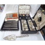 A cased set of six silver handled tea knives - sold with other cased and boxed silver plated