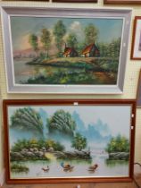 Two framed large format modern oils on canvas, one depicting Eastern vessels on a waterway with