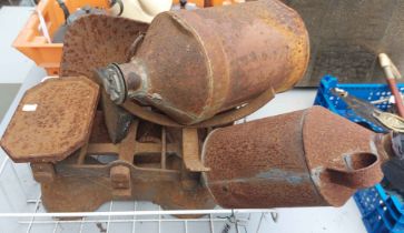 A set of old rusted metal scales and oil cans - a/f
