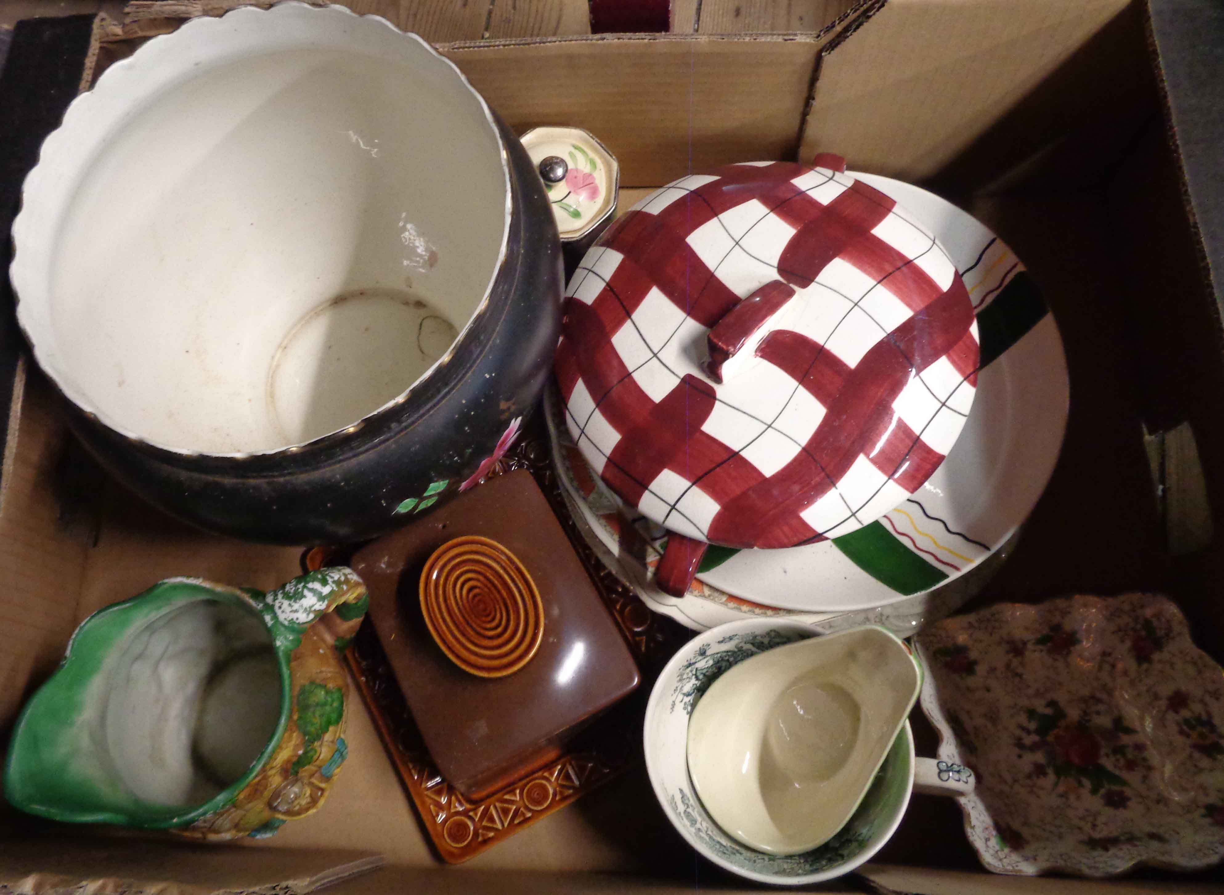 A box containing a quantity of ceramics including Beswick cheese dish, etc.