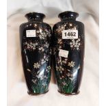 A pair of modern cloisonné vases with depictions of birds amidst blooming flowers - a/f