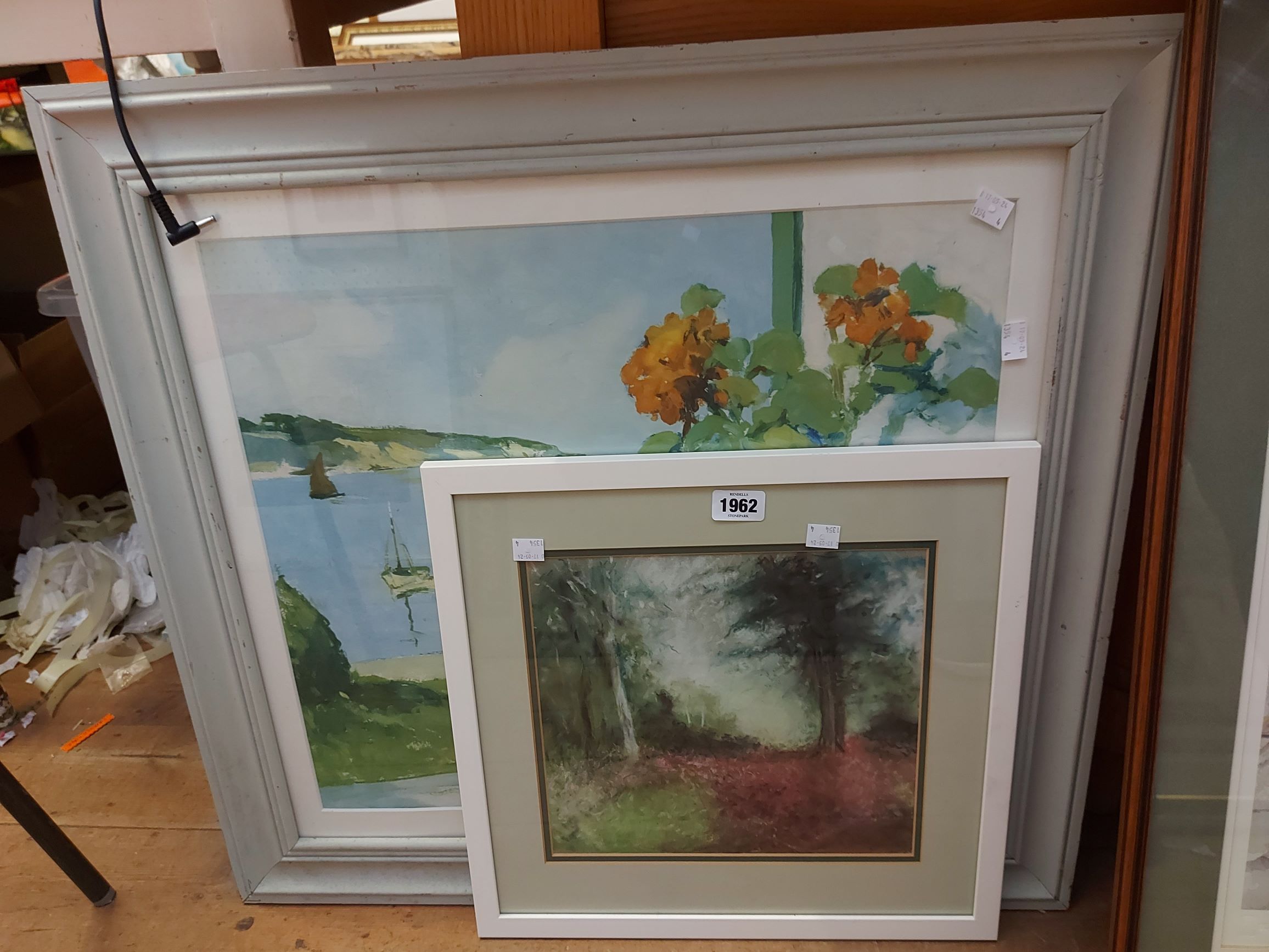 A framed pastel drawing, depicting a woodland view - sold with R. Winte: a framed coloured print