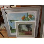 A framed pastel drawing, depicting a woodland view - sold with R. Winte: a framed coloured print