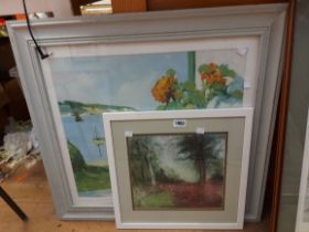 A framed pastel drawing, depicting a woodland view - sold with R. Winte: a framed coloured print