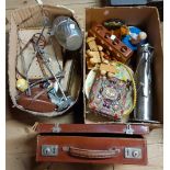 Two boxes containing a quantity of assorted collectables including small leather case, a EPNS coffee